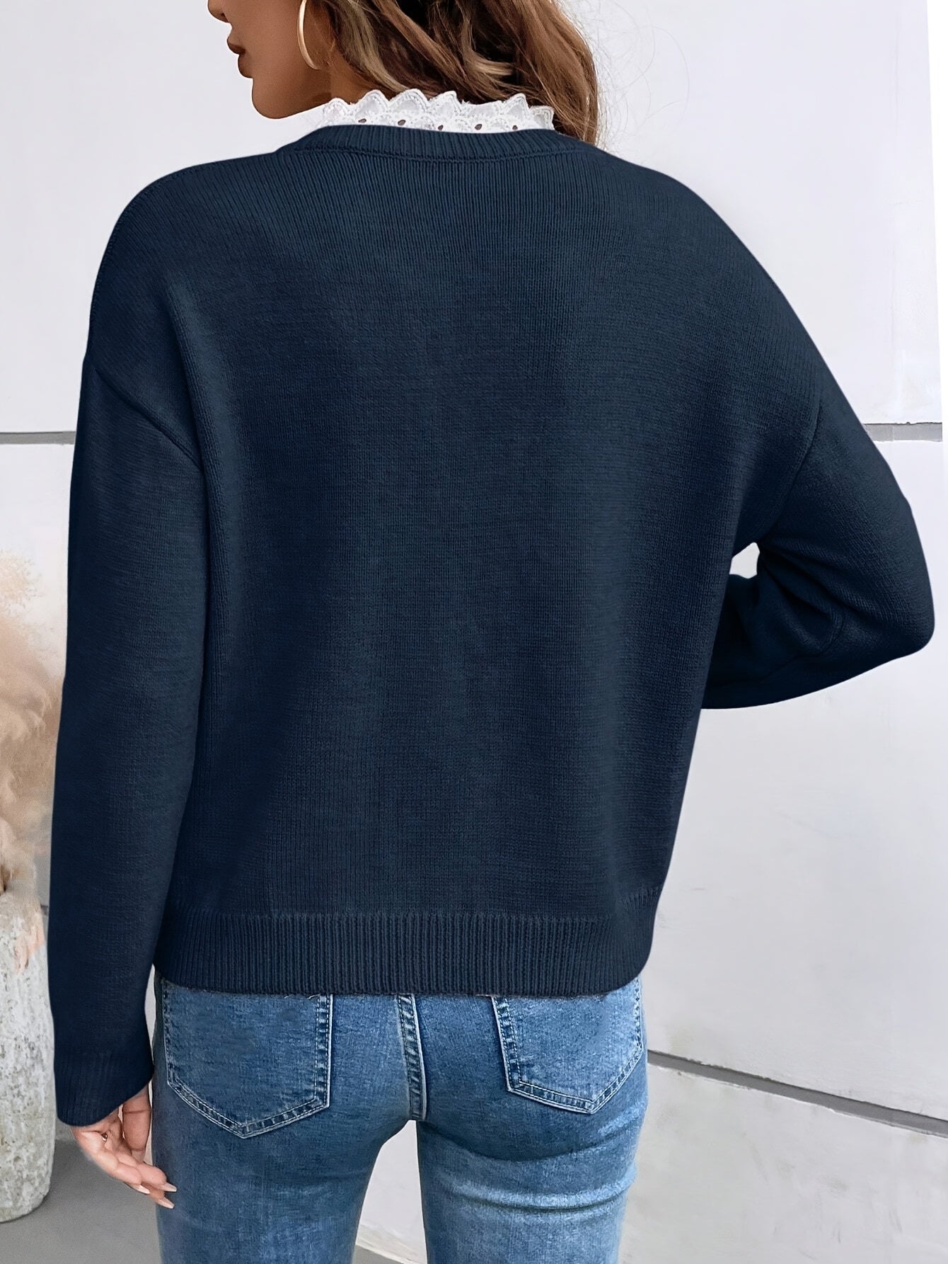 V Neck Lace Trim Knit Top for Elegant Everyday Style