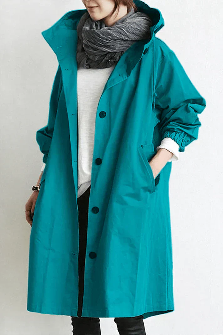Women’s Long Hooded Button Coat – Lightweight Casual Oversized Jacket