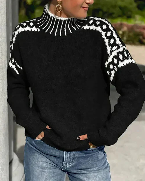 High Neck Textured Knit Long Sleeve Sweater