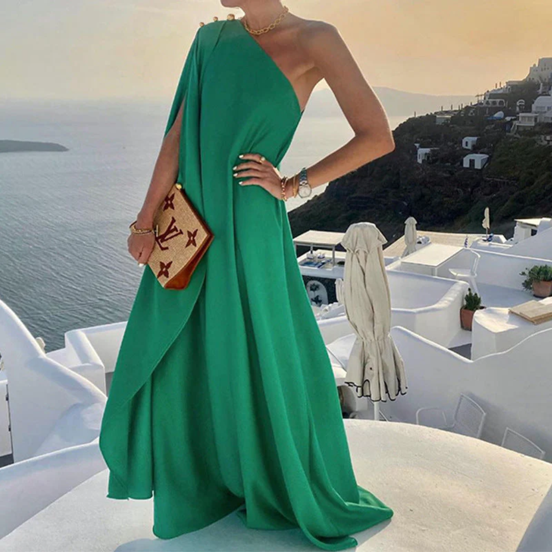 Elegant One-Shoulder Flowy Maxi Evening Dress