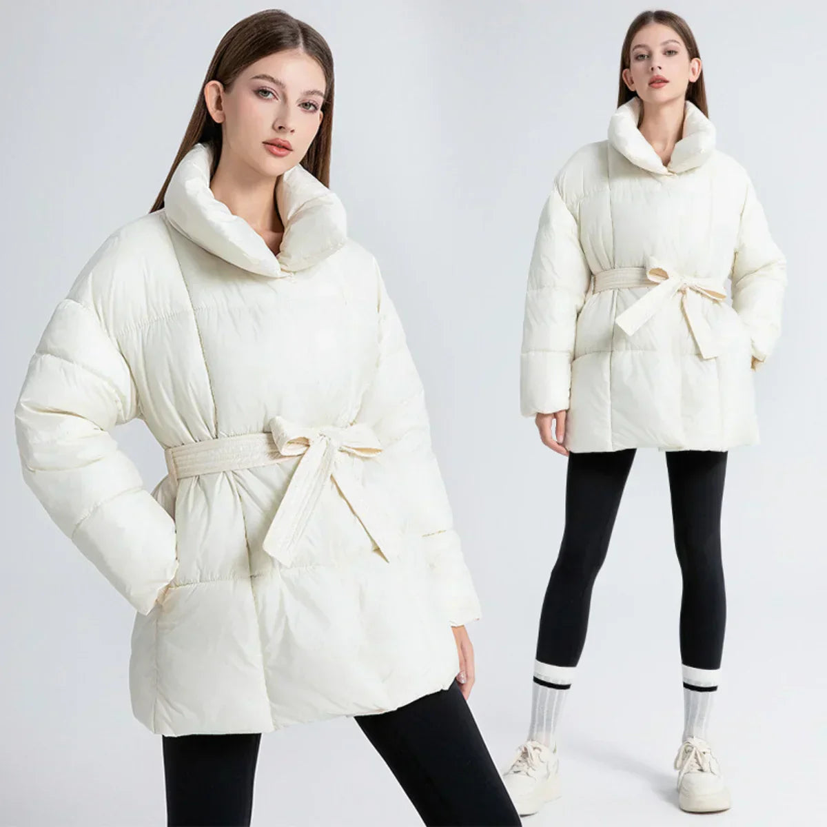 Belted High-Neck Puffer Winter Jacket