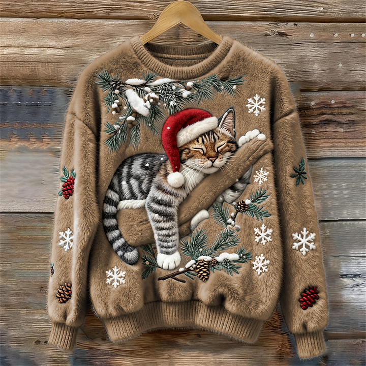 Festive Christmas Cat Knit Sweater with Santa Hat