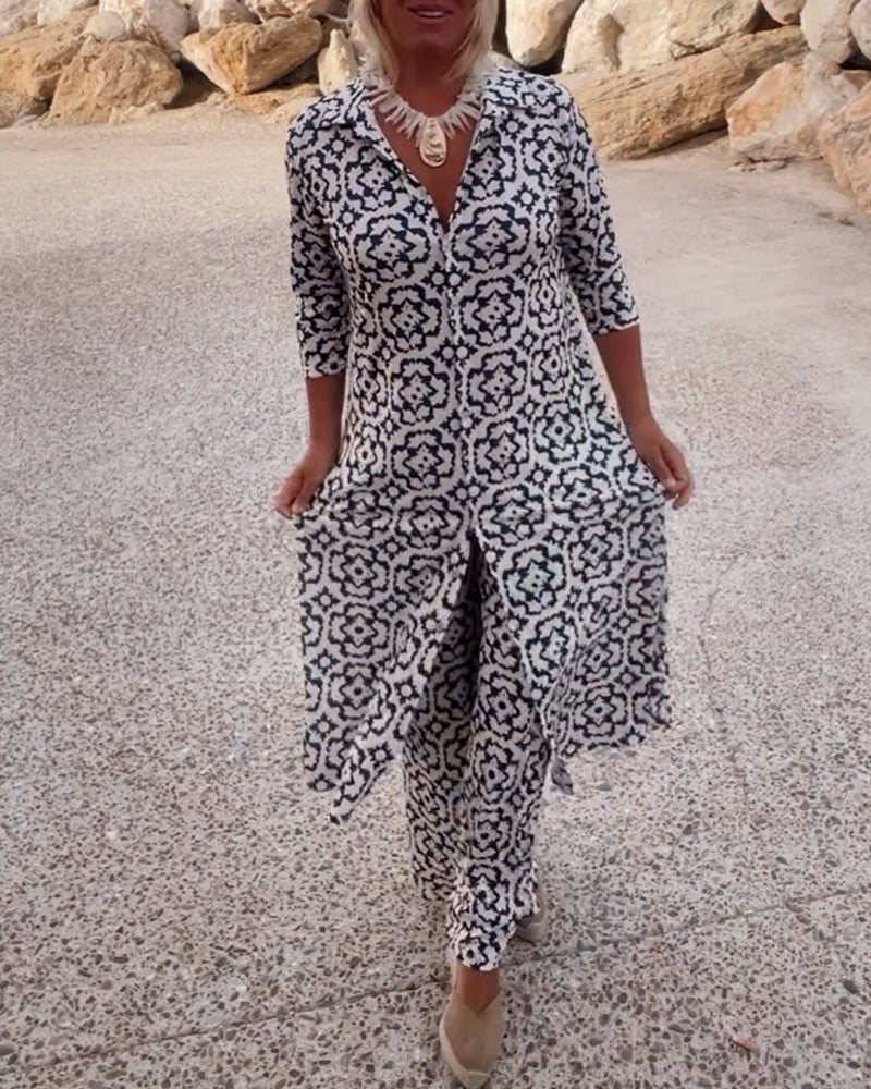 Printed Two-Piece Long Tunic Top and Wide-Leg Pants Set