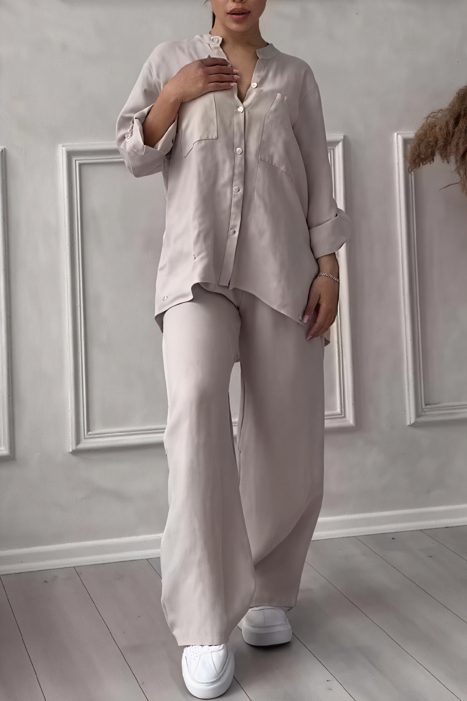 Casual Two-Piece Button-Up Shirt and Wide-Leg Pants Set