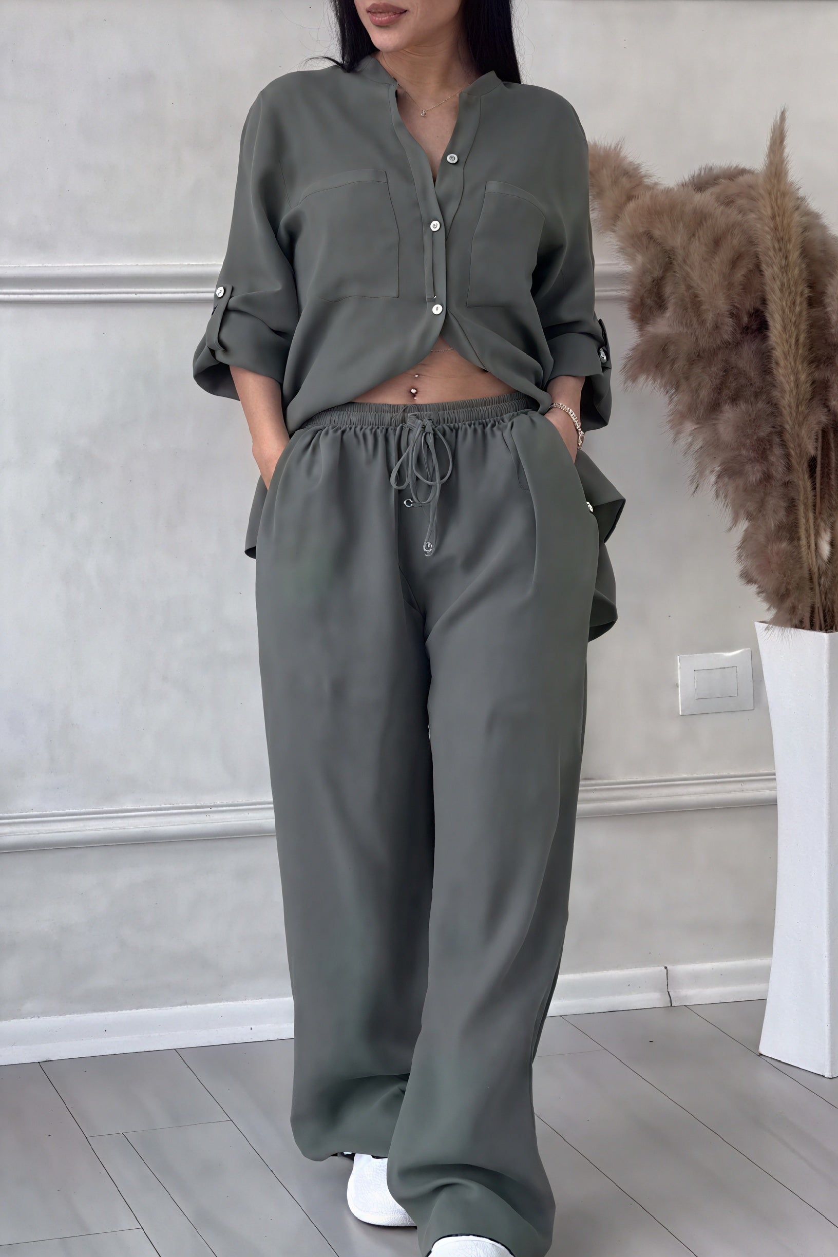 Casual Two-Piece Button-Up Shirt and Wide-Leg Pants Set