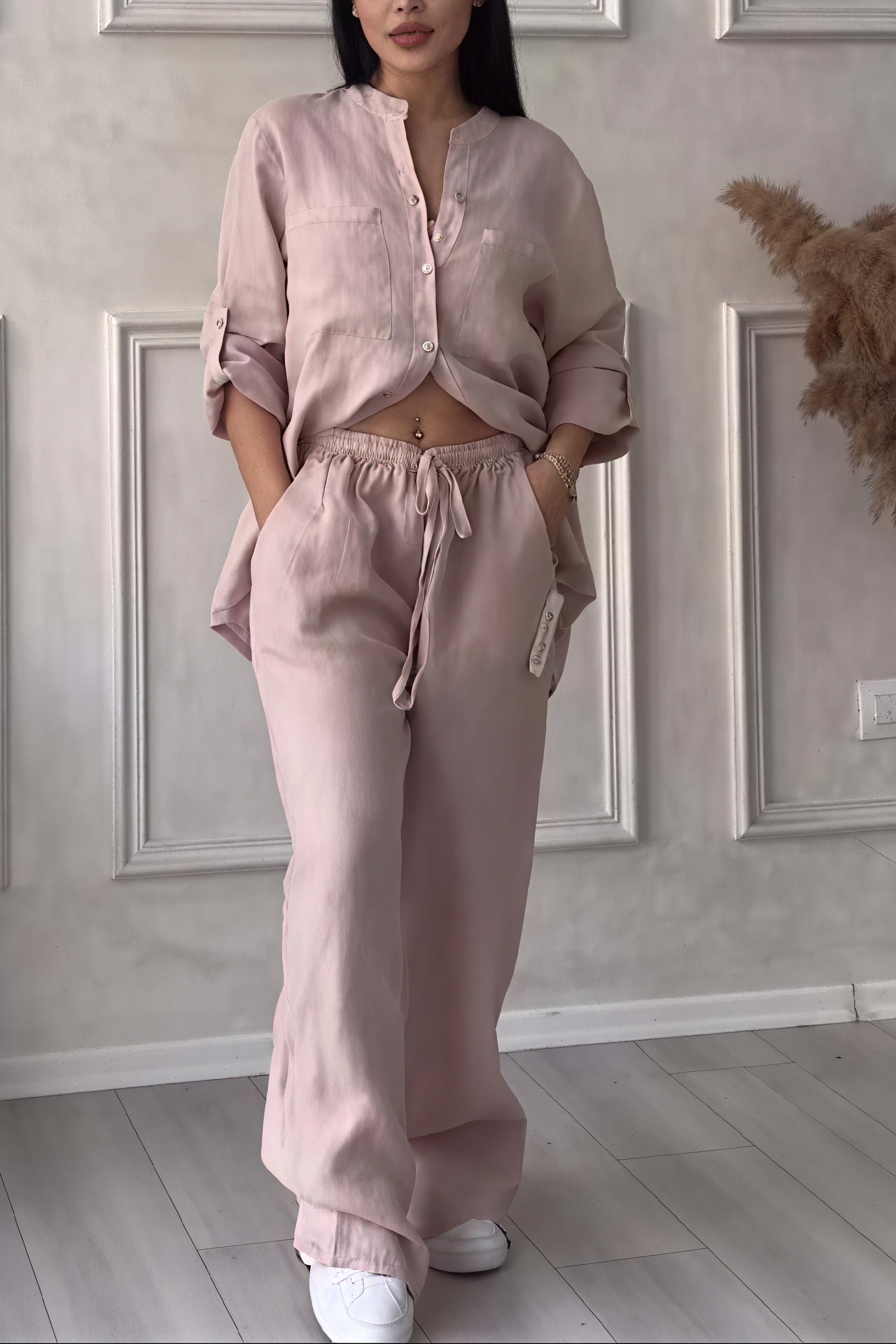 Casual Two-Piece Button-Up Shirt and Wide-Leg Pants Set