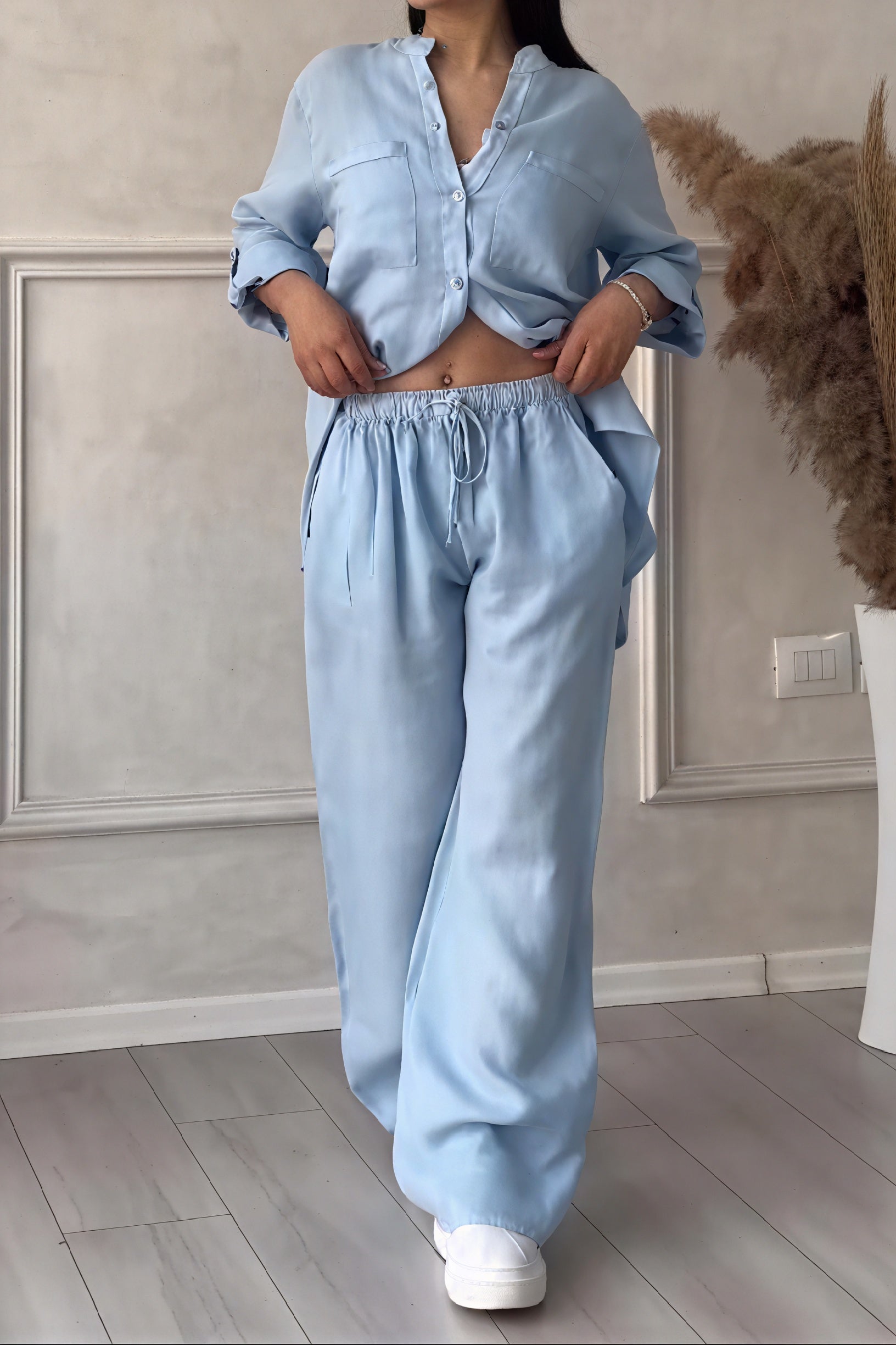 Casual Two-Piece Button-Up Shirt and Wide-Leg Pants Set