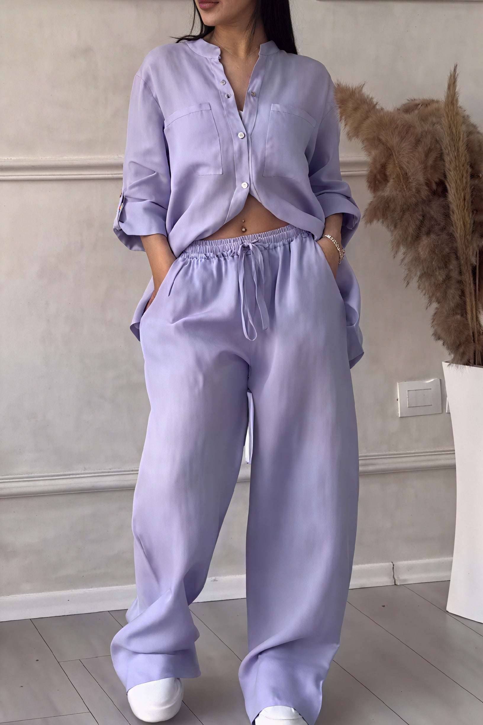 Casual Two-Piece Button-Up Shirt and Wide-Leg Pants Set