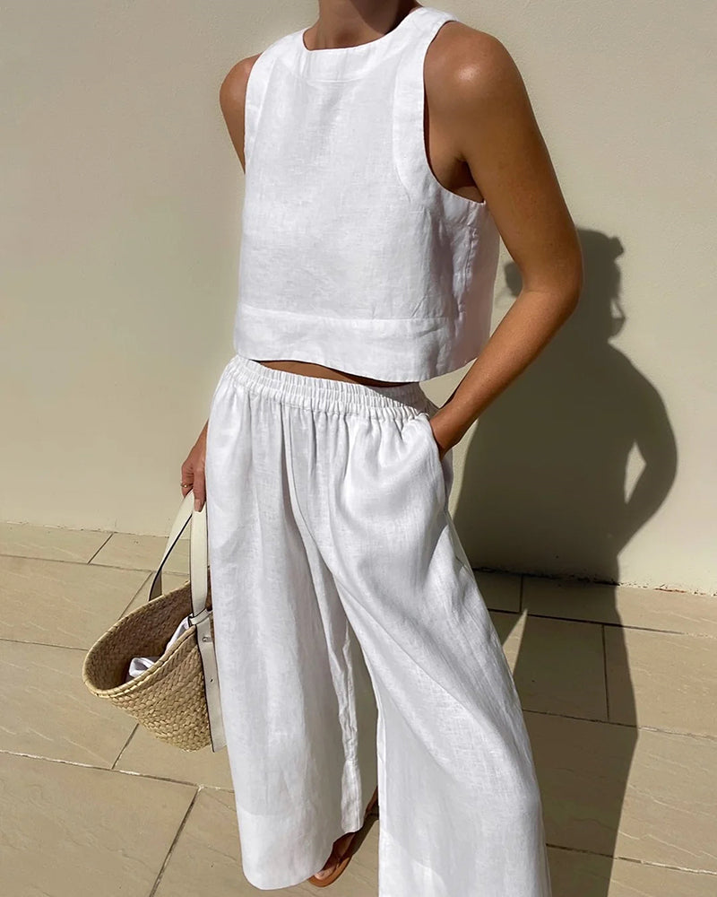 Linen Two-Piece Sleeveless Crop Top and Wide-Leg Pants Set