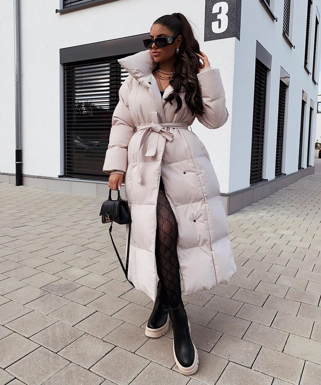 Women’s Long Belted Puffer Coat – Ultra-Warm Hooded Winter Jacket