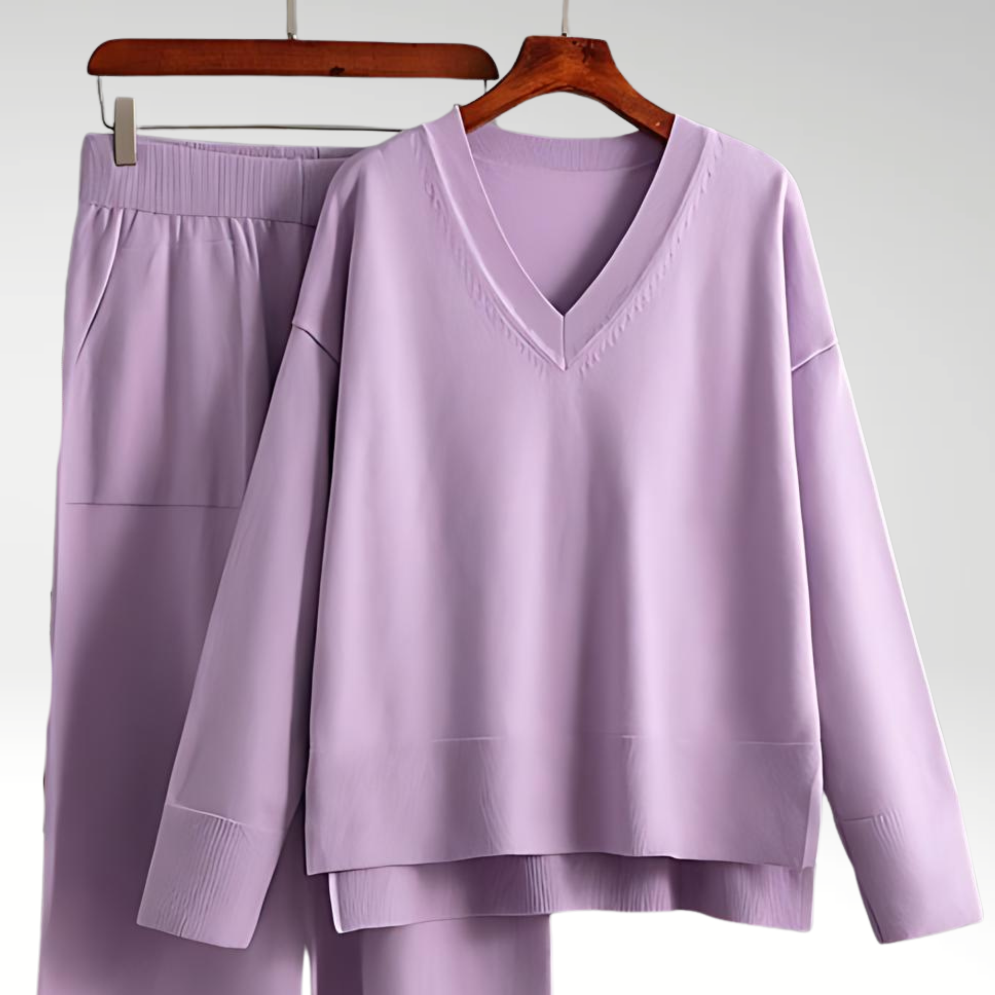 Relaxed V Neck Lounge Set with Wide Leg Pants
