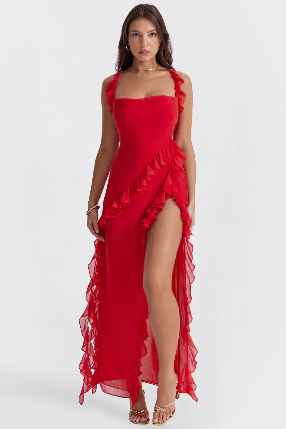 One-Shoulder Ruffled Maxi Dress with High Slit