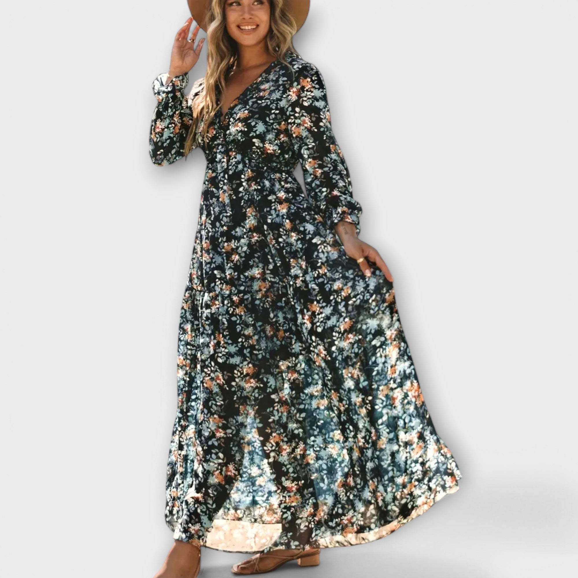 Long Sleeve Floral Maxi Dress with Flowy Boho Silhouette