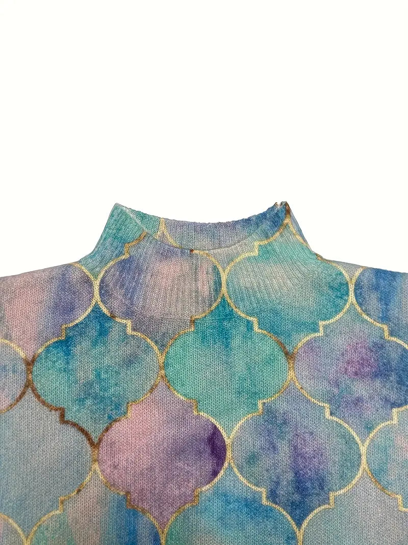 Geometric Metallic Accent Knit Turtleneck Sweater