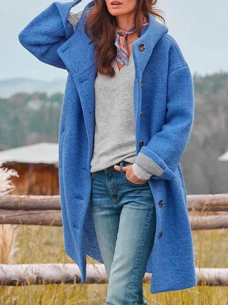 Cozy Button-Front Hooded Fleece Long Coat