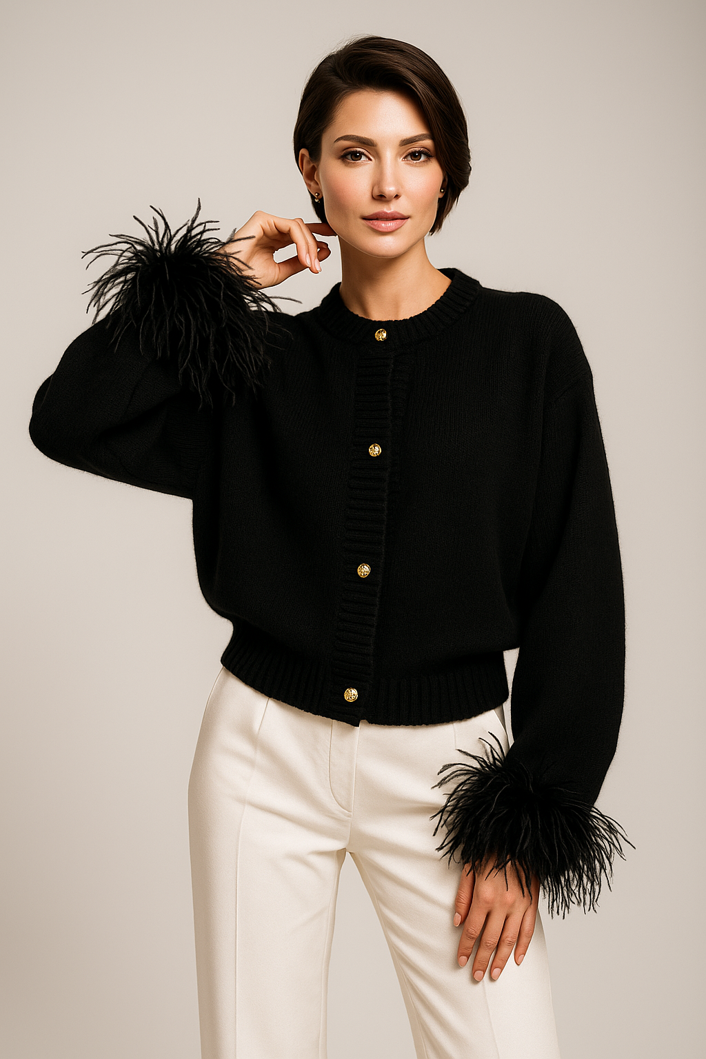 Women’s Feather-Trim Elegant Button Cardigan
