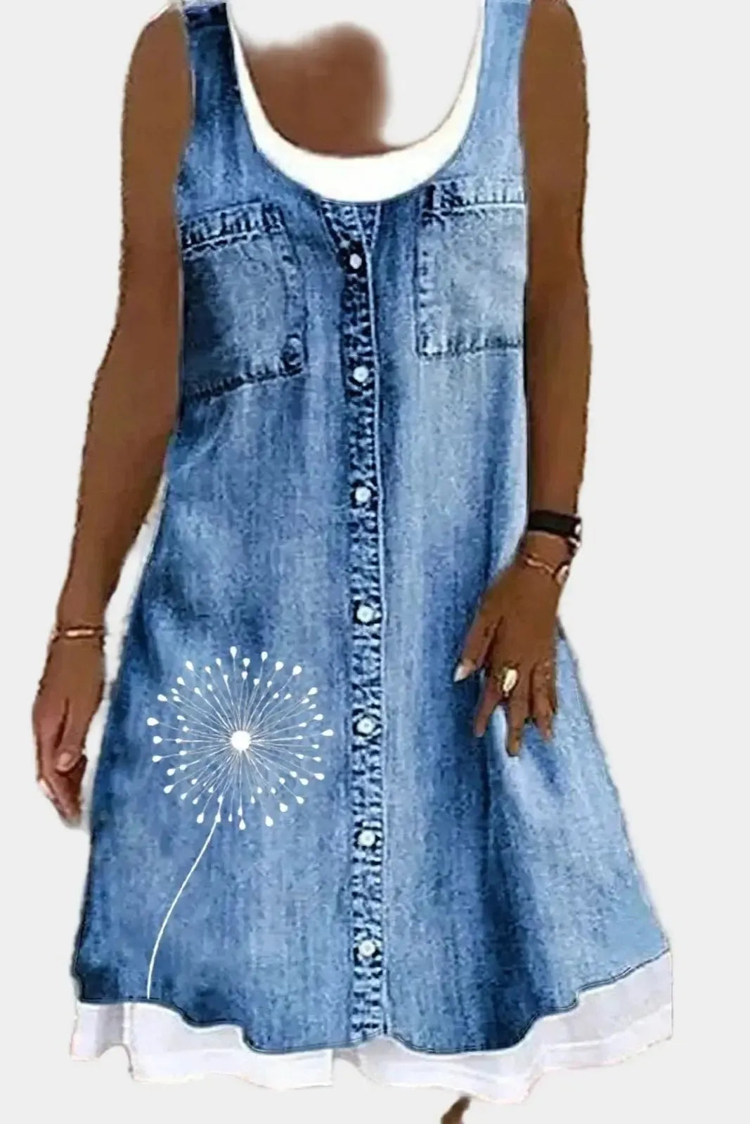 Sleeveless Denim A-Line Dress with Button Front and Printed Detail