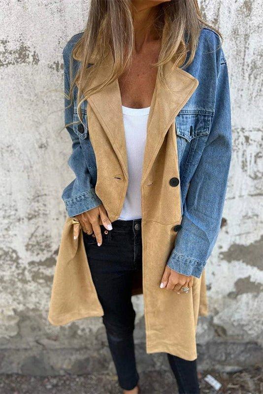 Longline Denim Coat with Contrast Lapel and Button Front