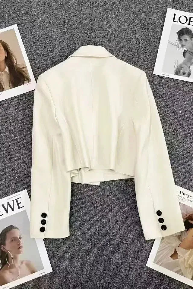 Cropped Tailored Blazer with Notched Lapel and Button Cuffs