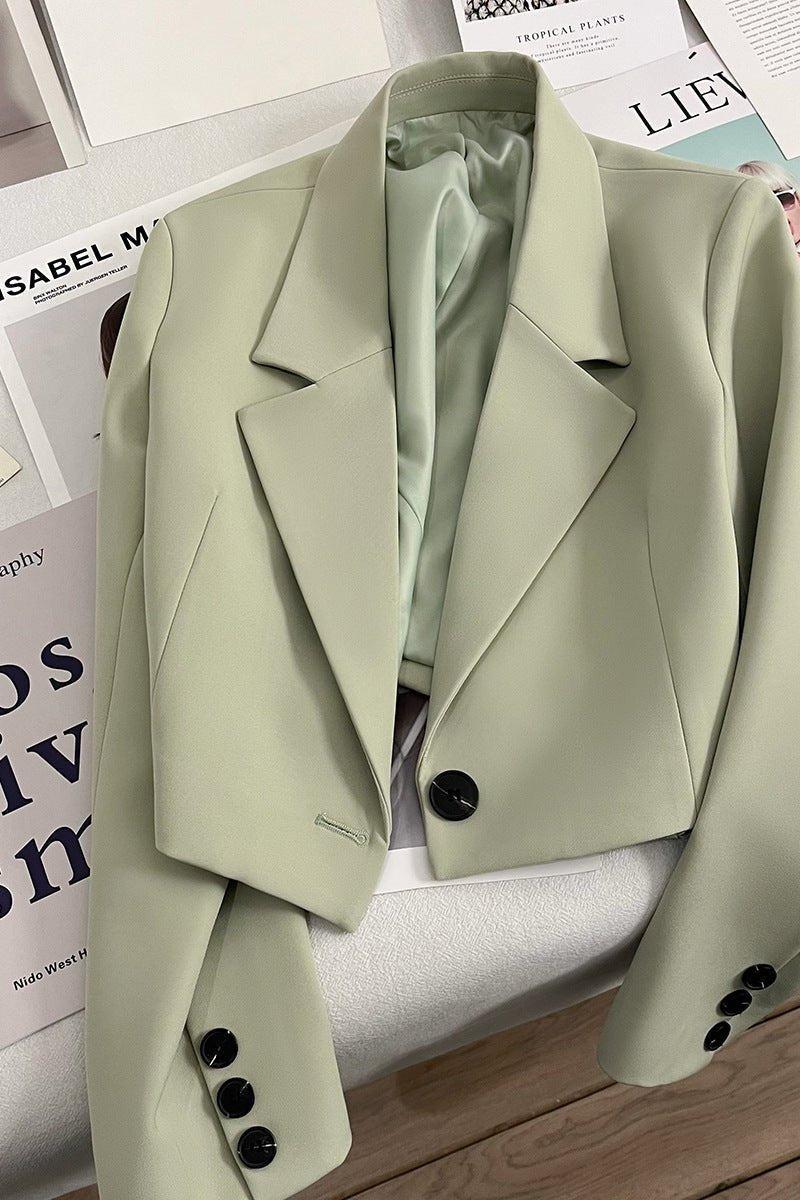 Cropped Tailored Blazer with Notched Lapel and Button Cuffs