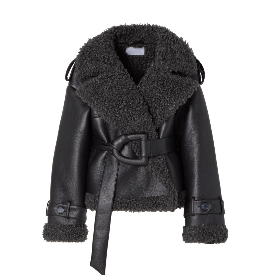Oversized Faux Leather Shearling Jacket with Belted Waist