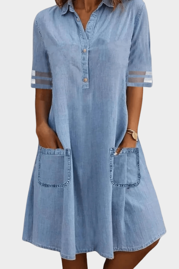Relaxed Denim Midi Dress with V-Neck and Front Pockets