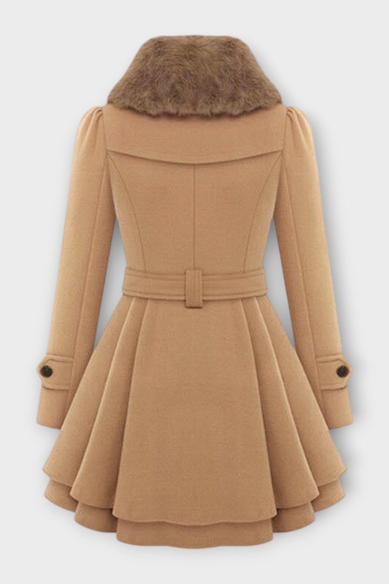 Belted Double Breasted Coat with Faux Fur Collar and Flared Skirt