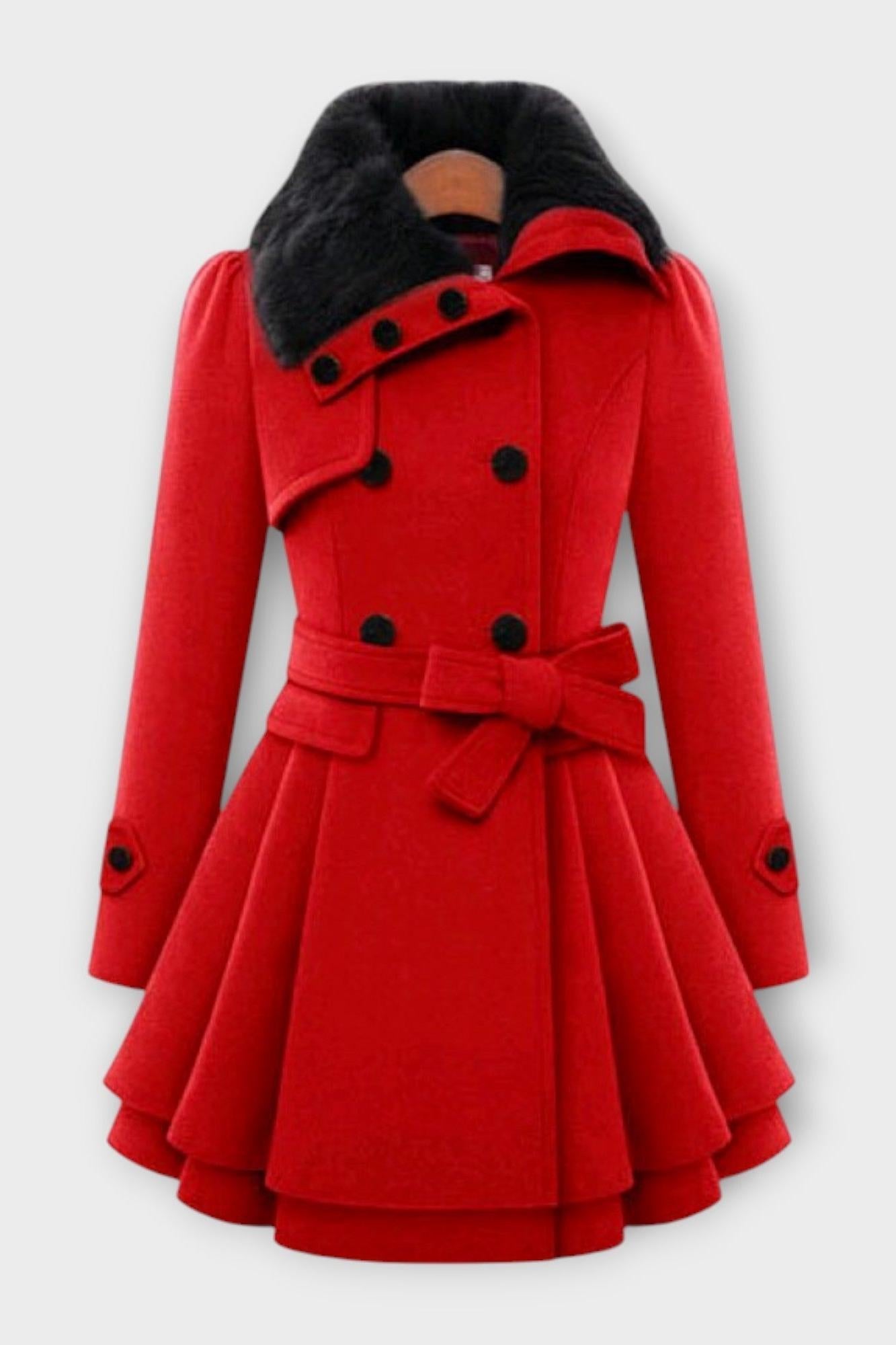 Belted Double Breasted Coat with Faux Fur Collar and Flared Skirt