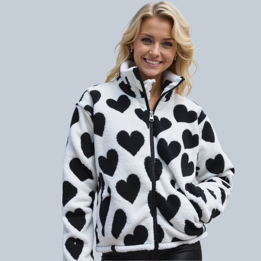 Heart Print Fleece Zip-Up Cozy Jacket