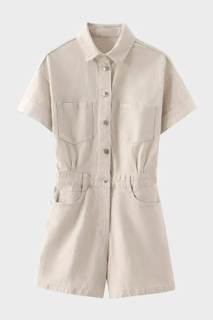 Button Front Short Sleeve Utility Romper with Elastic Waist