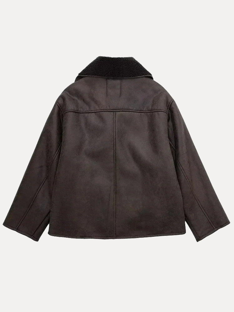 Women’s Faux Shearling Lined Leather Jacket with Wide Collar