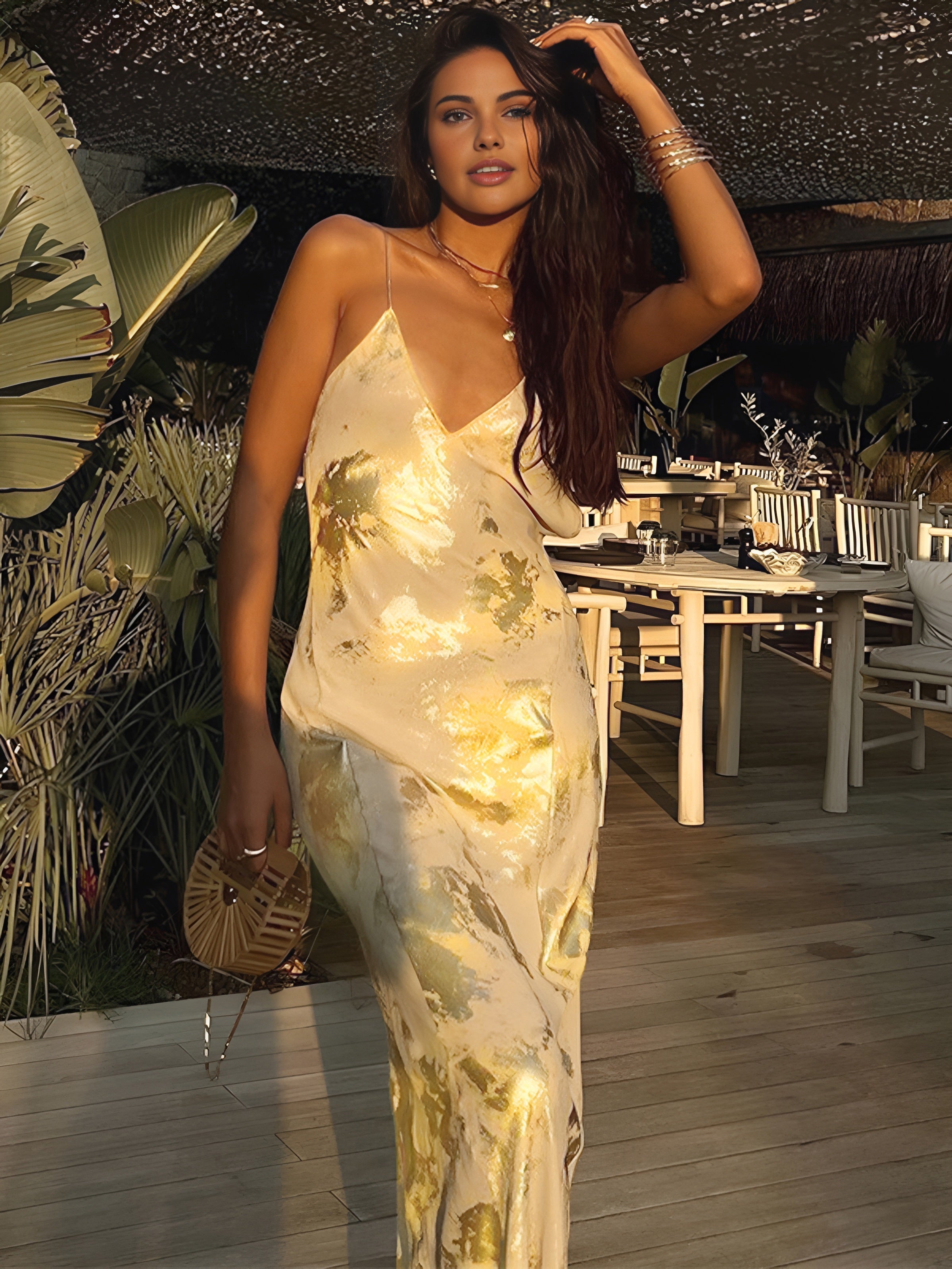 Satin Floral Cowl Neck Backless Maxi Dress