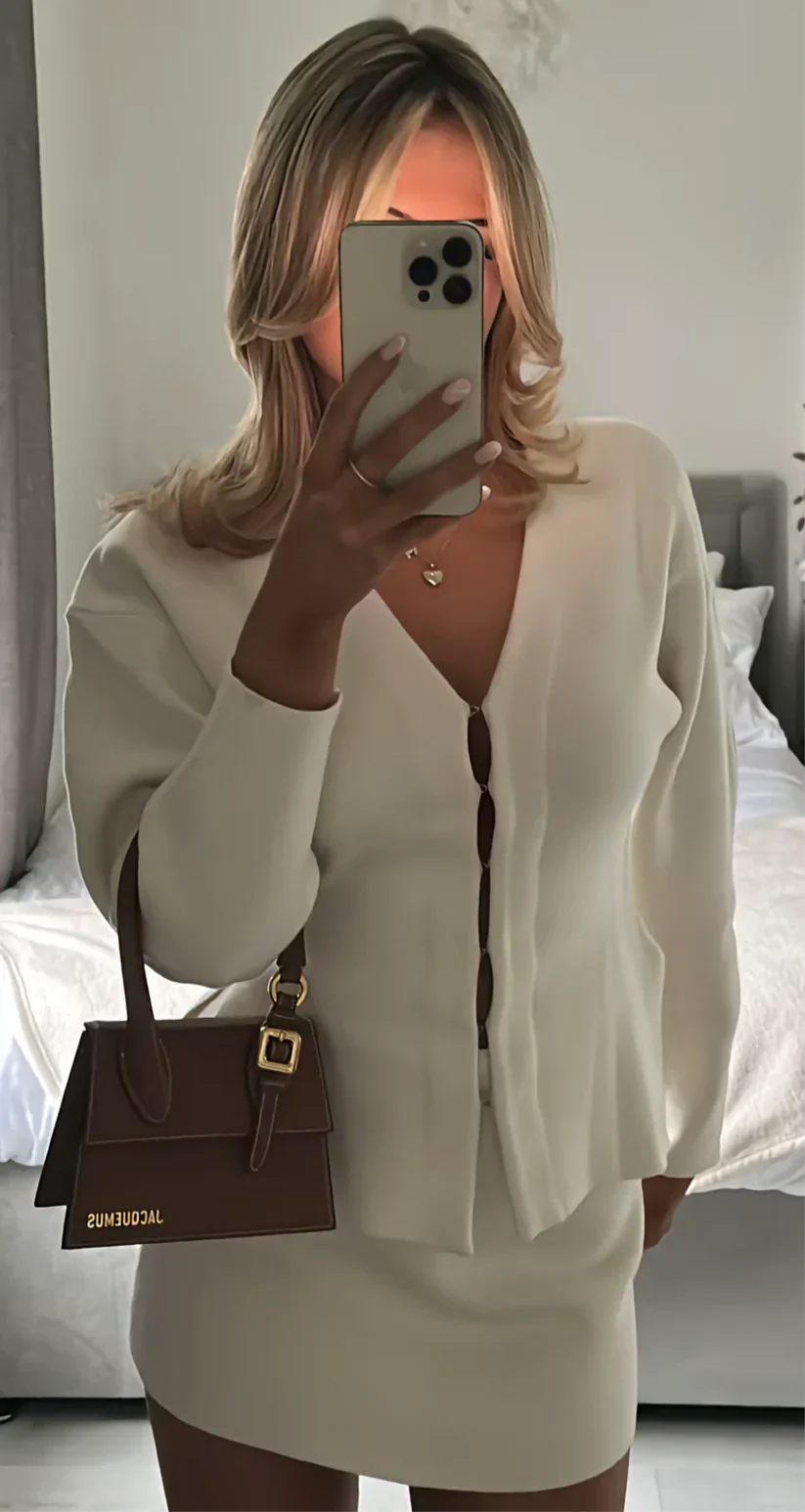 V-Neck Long Sleeve Knit Sweater Dress for Women