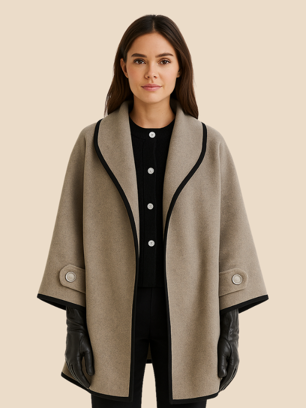 Hooded Wool Blend Cape Coat with Button Detail