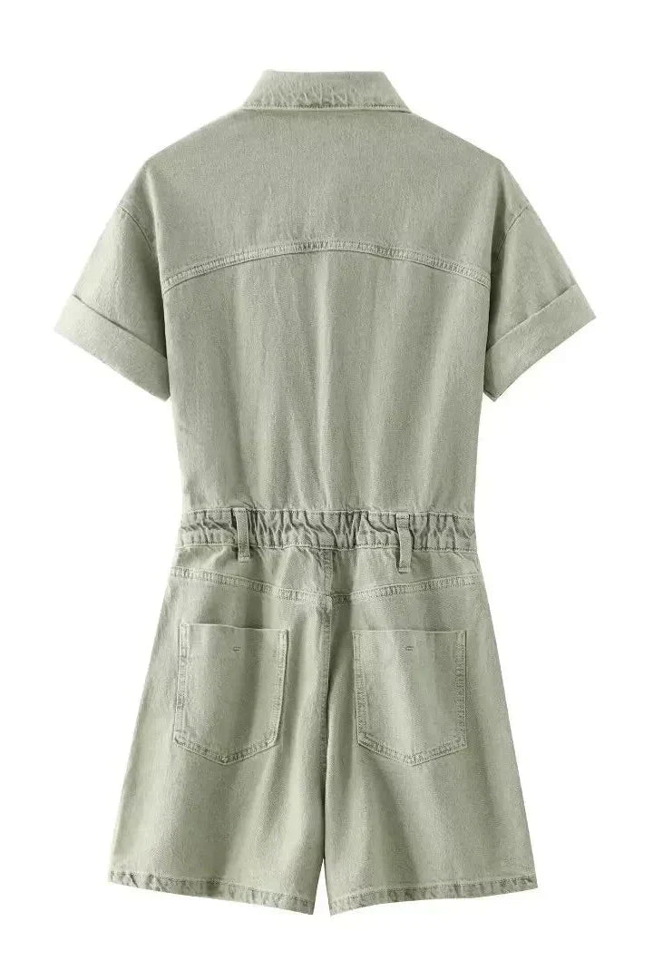 Button Front Utility Romper with Short Sleeves and Elastic Waist