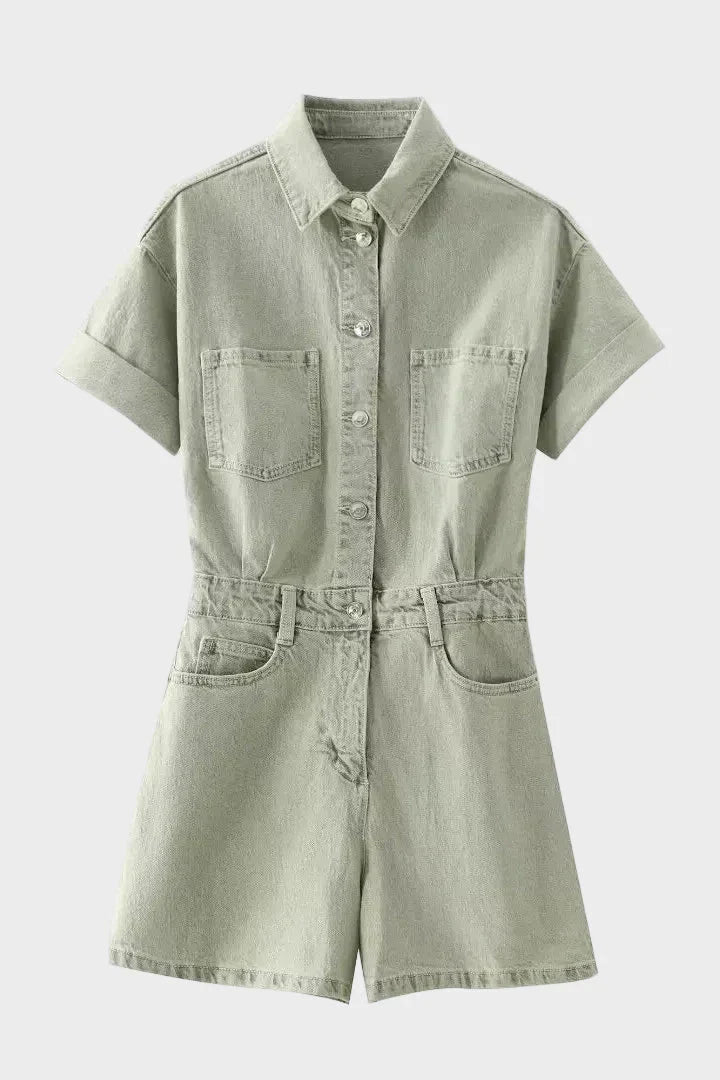 Button Front Utility Romper with Short Sleeves and Elastic Waist