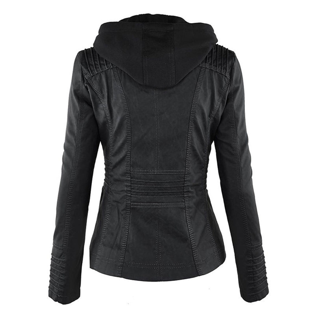 Faux Leather Hooded Moto Jacket with Zipper Details
