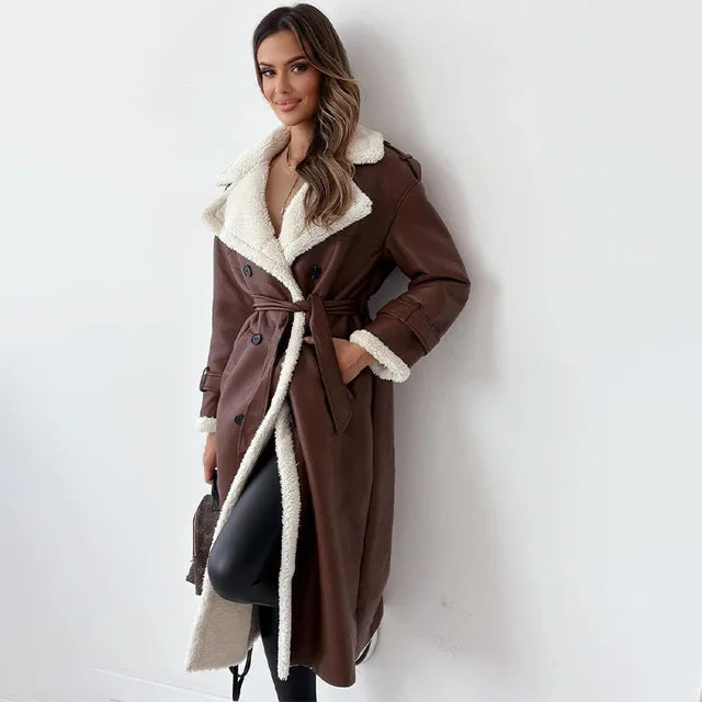 Long Faux Shearling Trim Coat for Elegant Winter Style