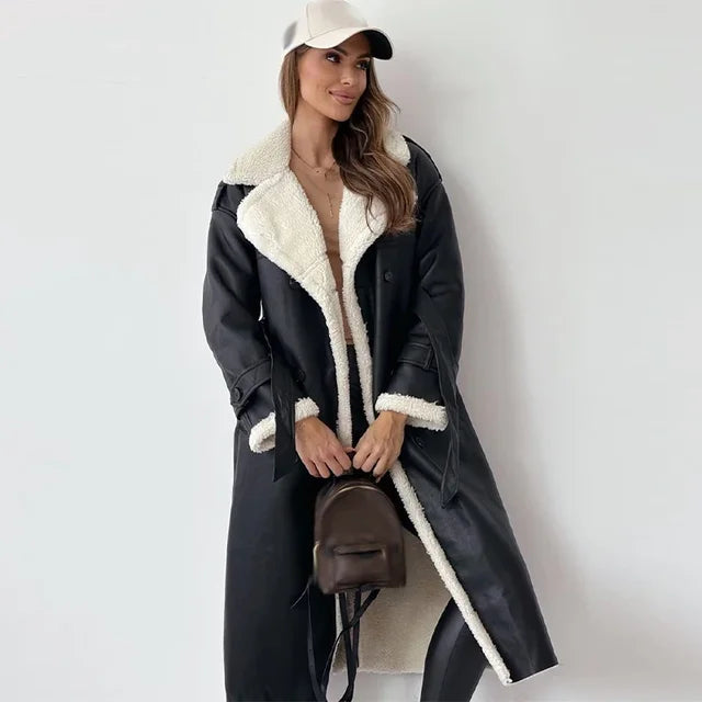 Long Faux Shearling Trim Coat for Elegant Winter Style