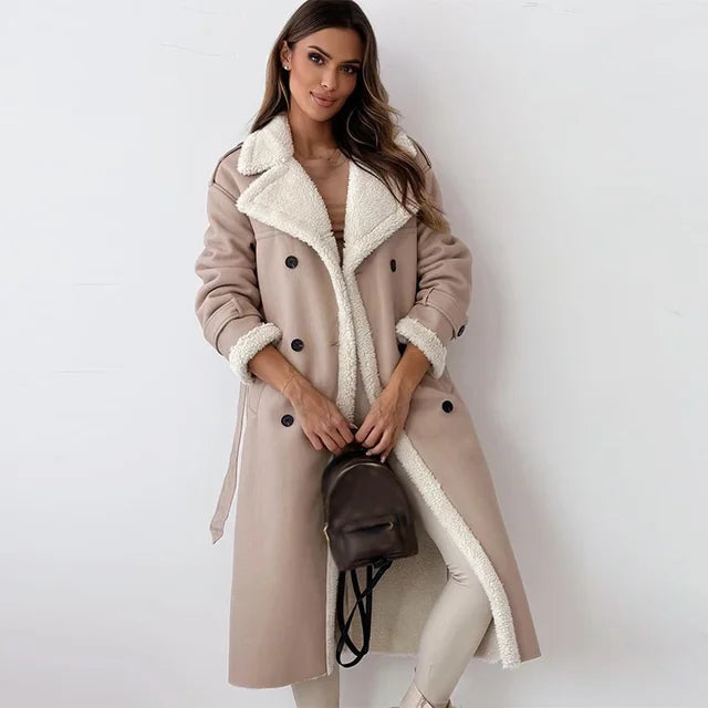Long Faux Shearling Trim Coat for Elegant Winter Style