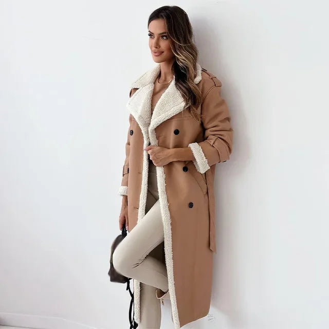 Long Faux Shearling Trim Coat for Elegant Winter Style