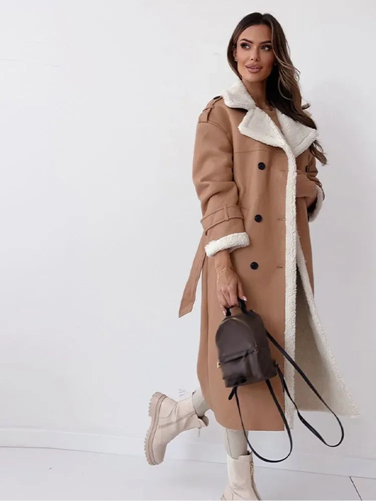 Long Faux Shearling Trim Coat for Elegant Winter Style