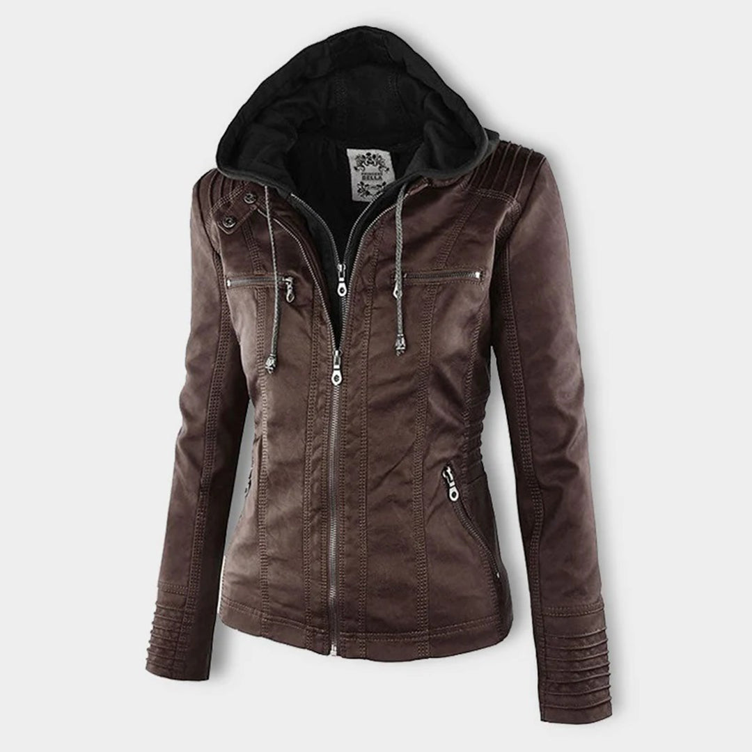 Women’s Faux Leather Moto Jacket with Removable Hood