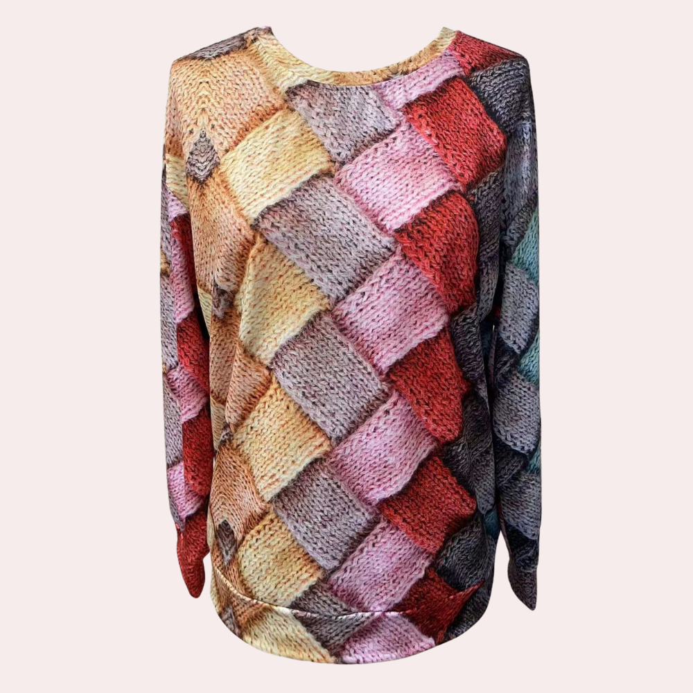 Multicolor Patchwork Knit Long Sleeve Top for Casual Wear