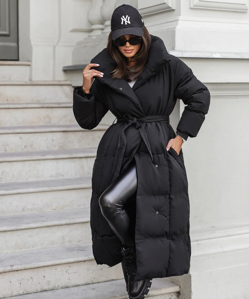 Women’s Long Belted Puffer Coat – Ultra-Warm Hooded Winter Jacket