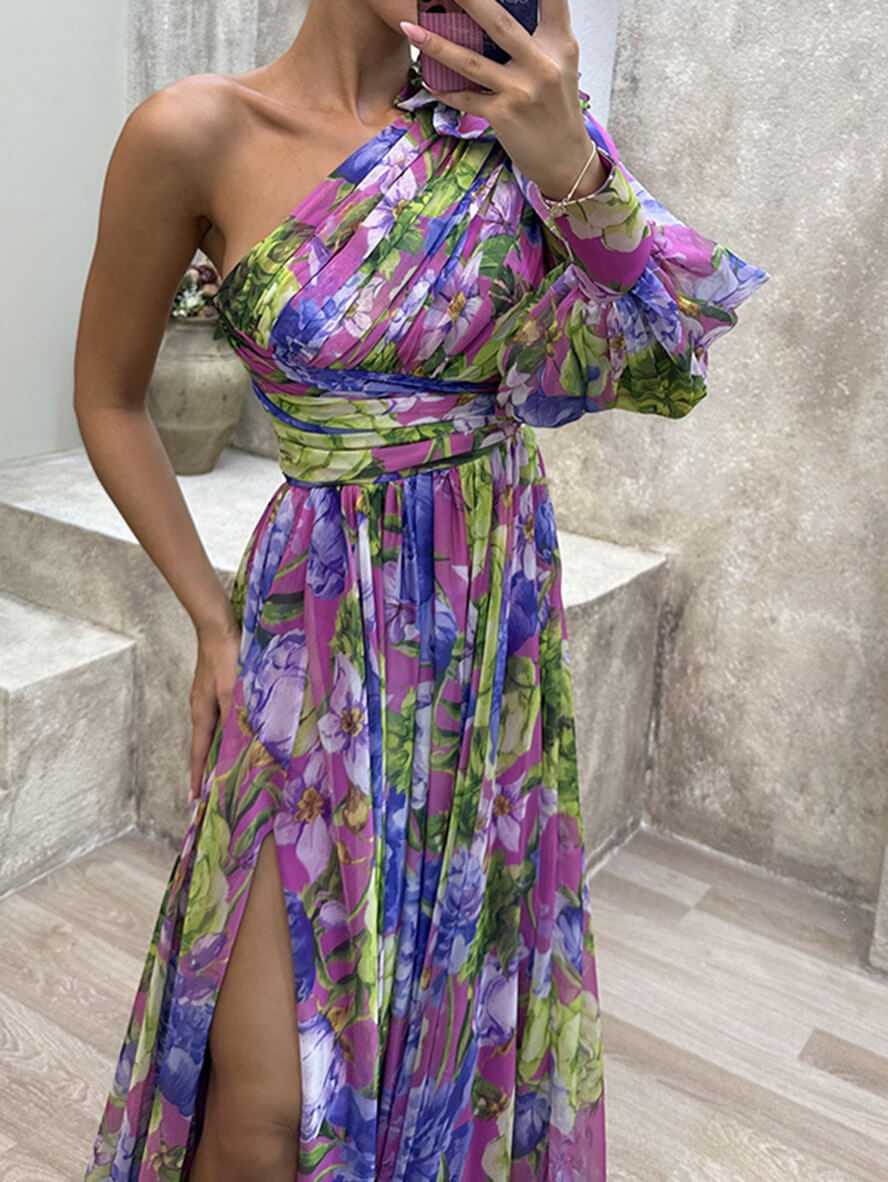 One-Shoulder Floral Chiffon Maxi Dress with High Slit