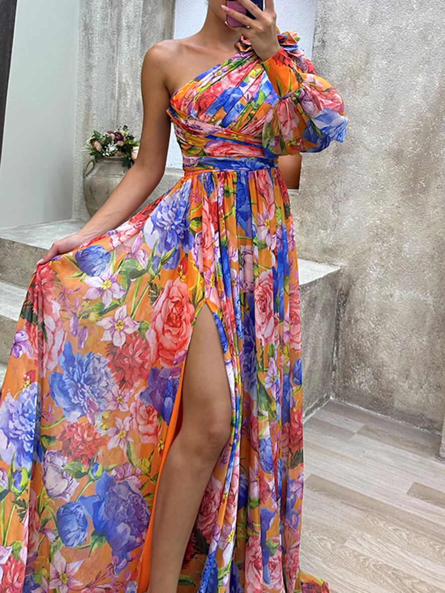 One-Shoulder Floral Ruffle Maxi Dress with High Slit