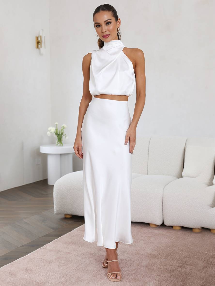 Elegant Satin Two-Piece Set with Halter Top and Maxi Skirt