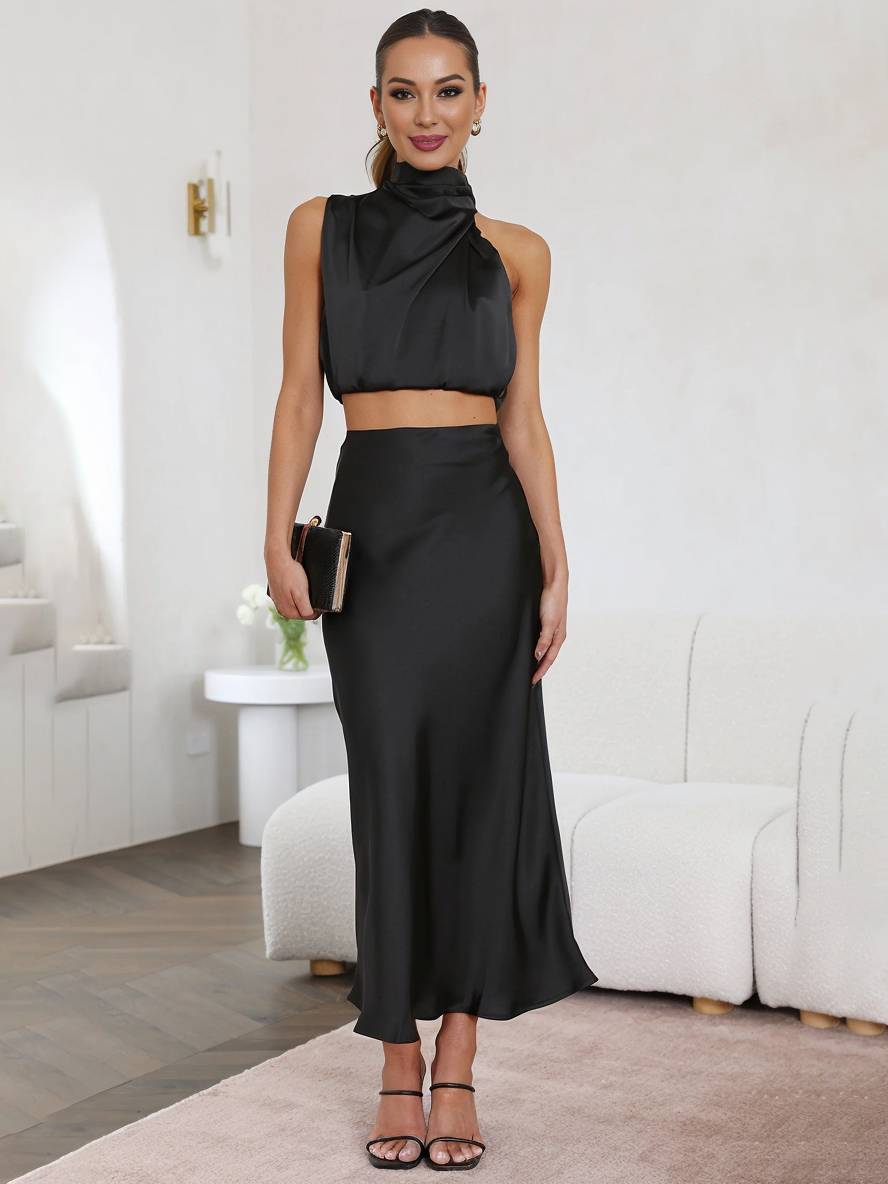 Elegant Satin Two-Piece Set with Halter Top and Maxi Skirt
