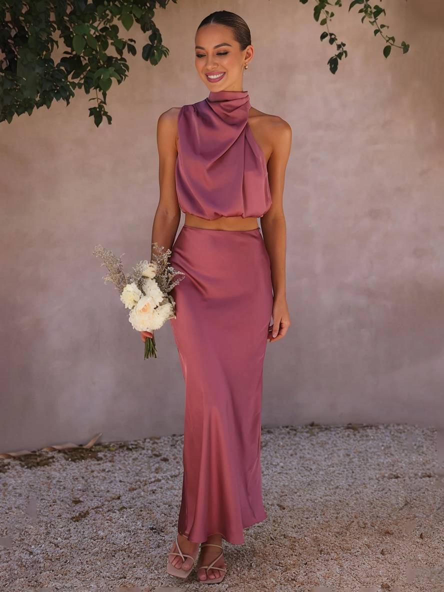 Elegant Satin Two-Piece Set with Halter Top and Maxi Skirt
